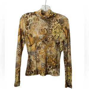 St John Sport Mock Neck Animal Print Butterfly Sheer Long Sleeve Top Size Small